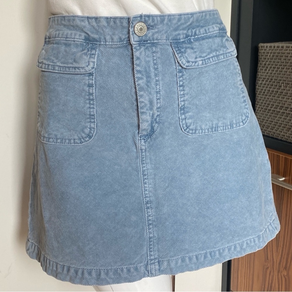 American Eagle Super Stretch Mini Skirt 10 Long Blue High Rise A-Line Corduroy